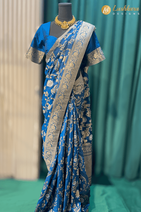 Lushkara Blue Banarasi Saree with Golden Zari Floral Weaving