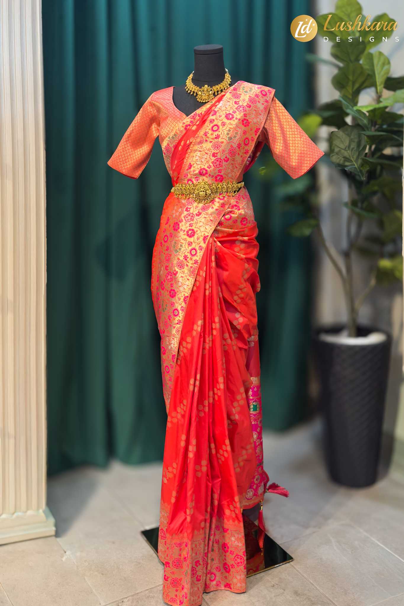 Lushkara Red Banarasi Saree with Golden Zari Floral Work