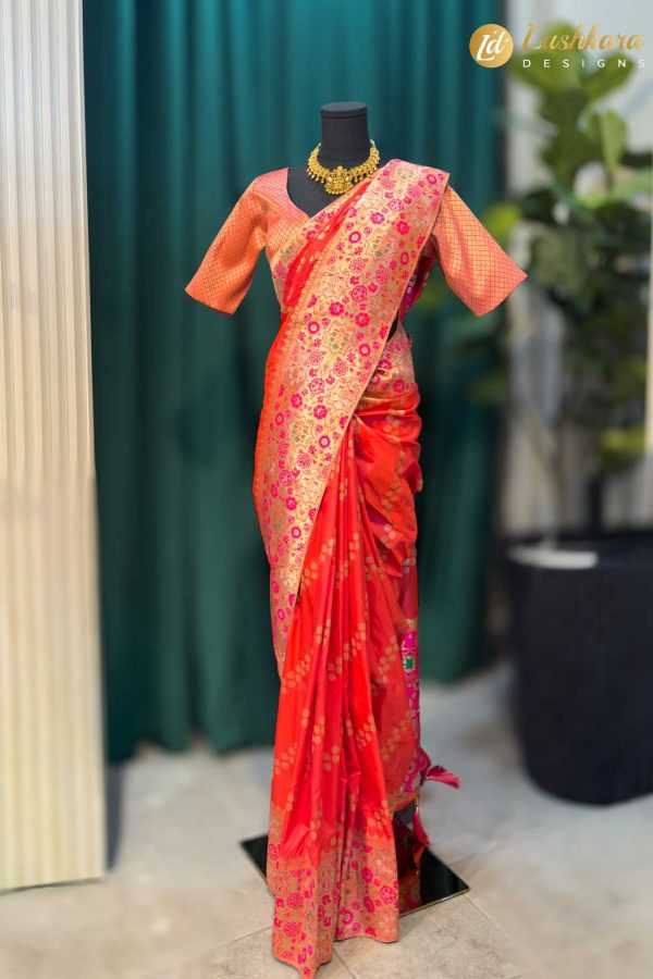 Lushkara Orange-Red Banarasi Saree with Golden Zari Floral Work