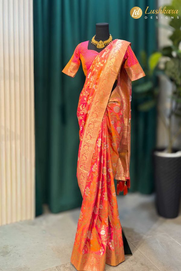 Lushkara Pink Banarasi Saree with Golden Zari Floral Design