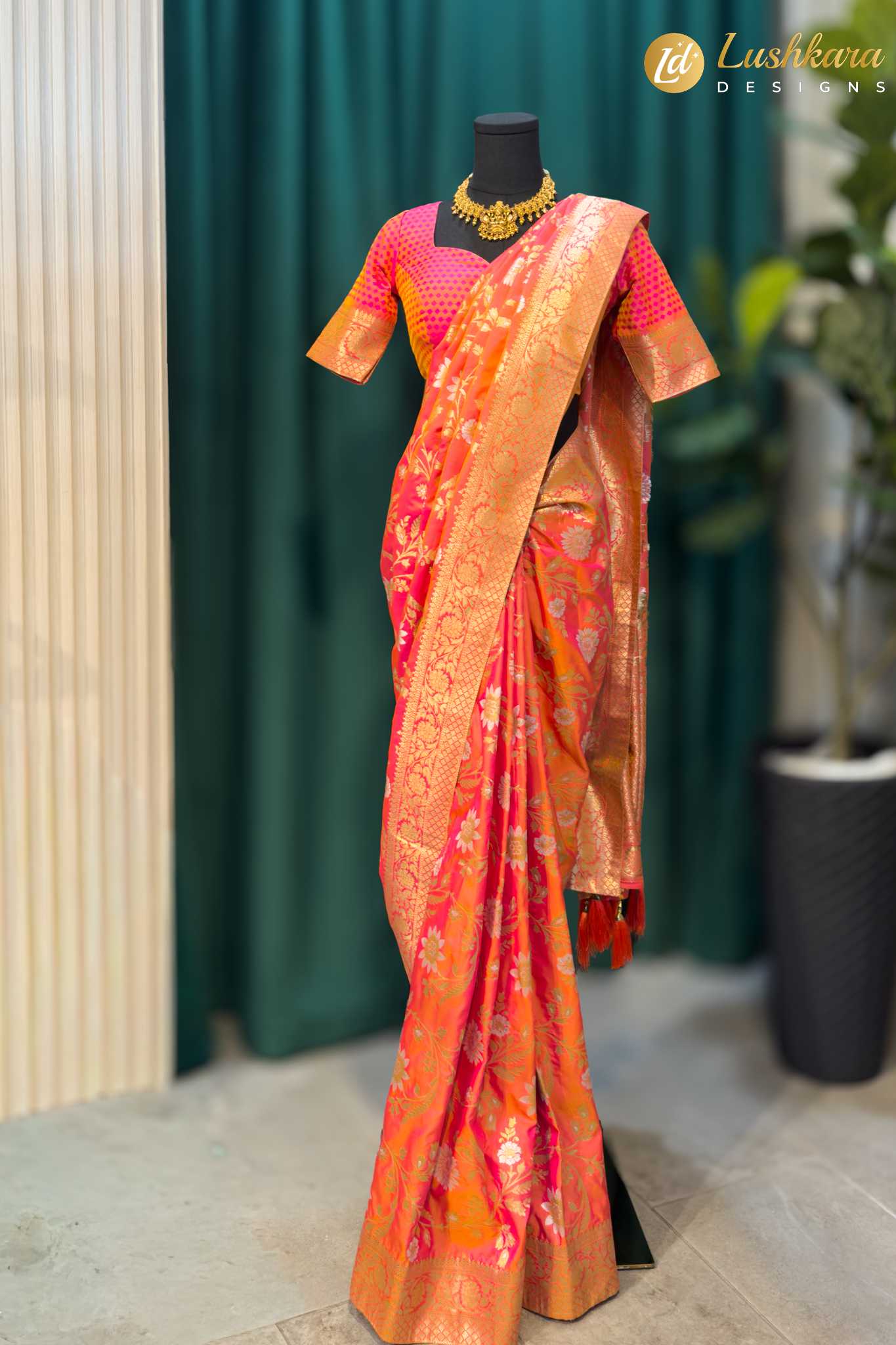 Lushkara Pink Banarasi Saree with Golden Zari Floral Design