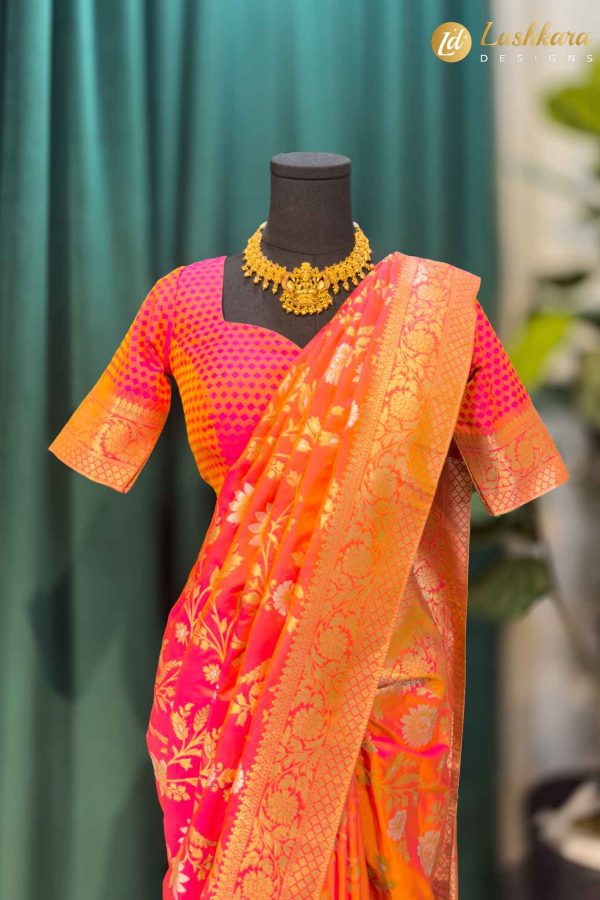 Lushkara Pink Banarasi Saree with Golden Zari Floral Design