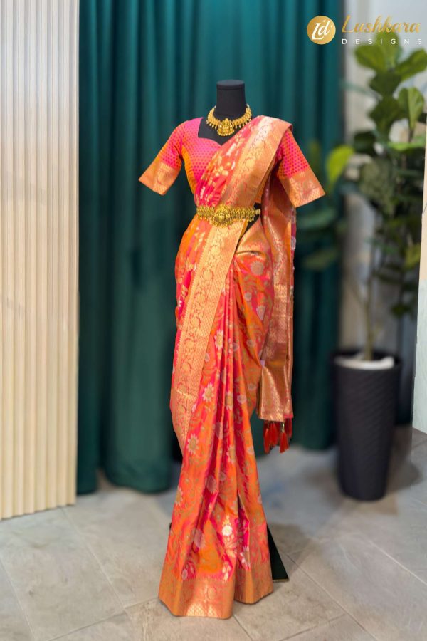 Lushkara Pink Banarasi Saree with Golden Zari Floral Design