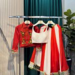 Lushkara Red and White Chaniya Choli with Embroidered Jacket