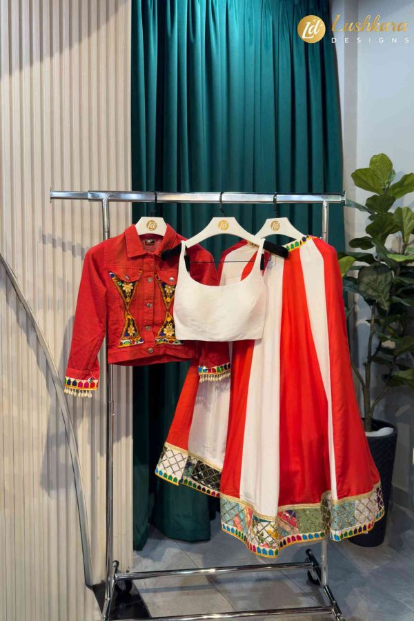 Lushkara Red and White Chaniya Choli with Embroidered Jacket