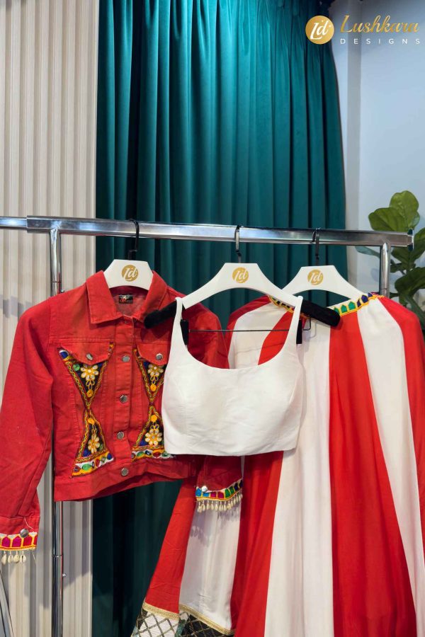 Lushkara Red and White Chaniya Choli with Embroidered Jacket