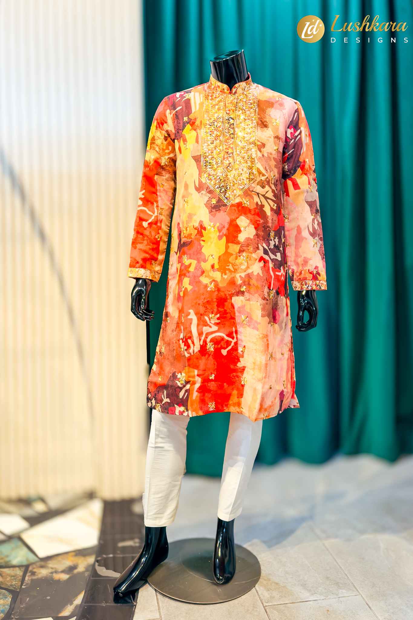 Lushkara Multicolor Printed Mens Kurta Set