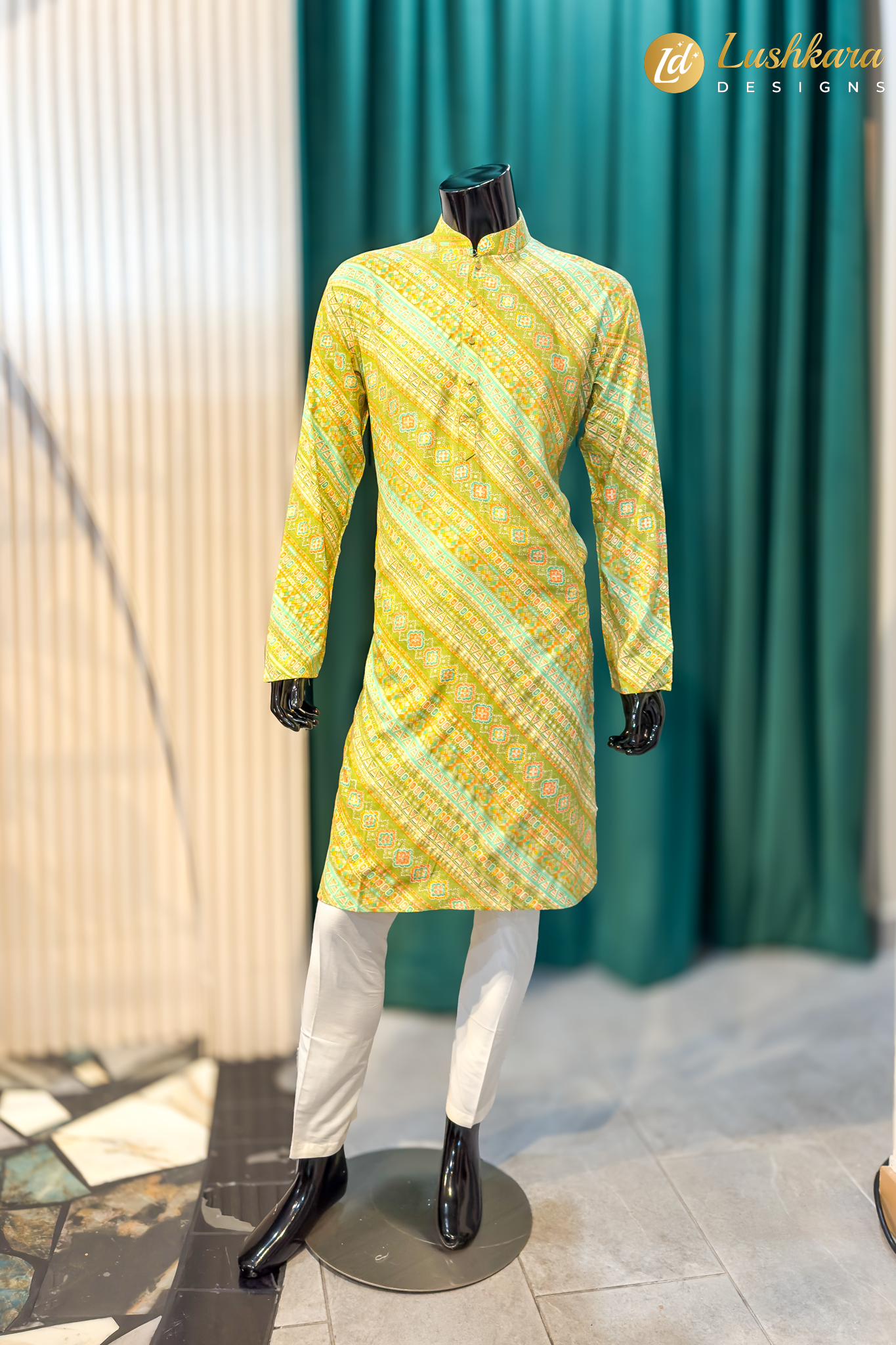 Lushkara Green Printed Mens Kurta Set with White Pajama
