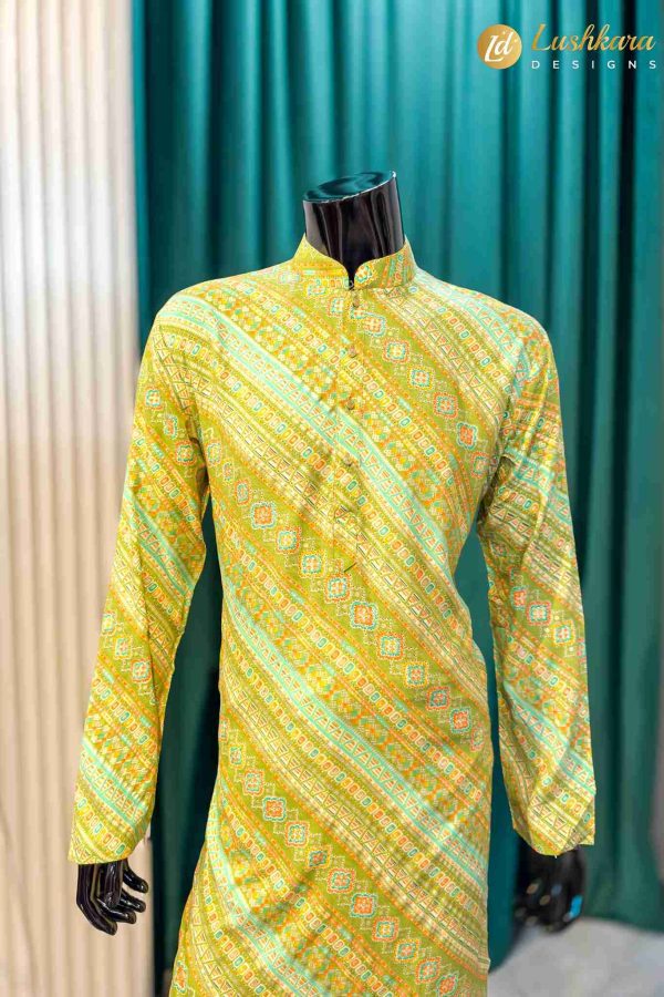 Lushkara Green Printed Mens Kurta Set with White Pajama