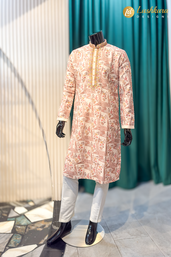 Lushkara Pastel Pink Printed Men’s Kurta Set with Embroidered Neck