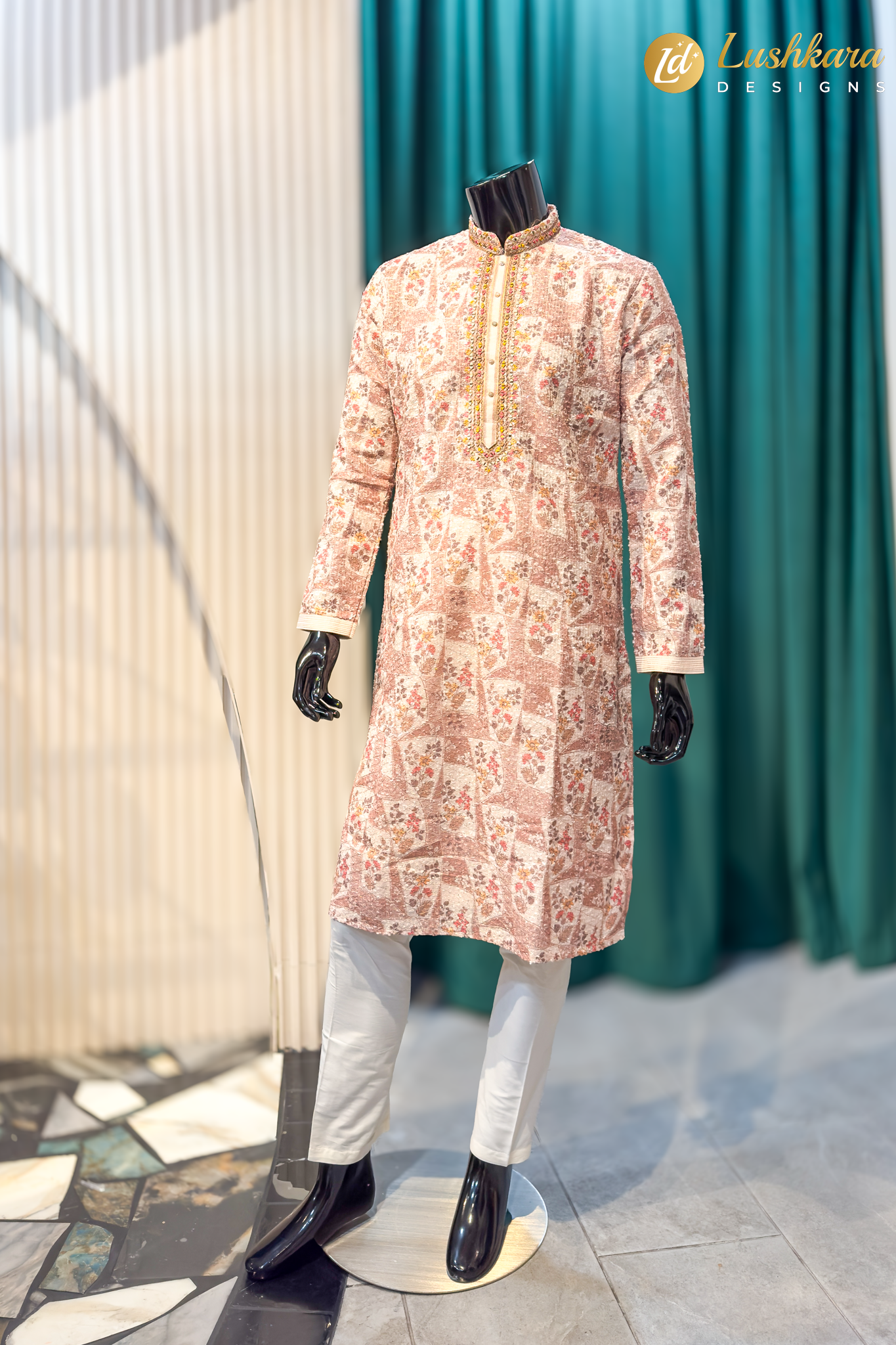Lushkara Pastel Pink Printed Mens Kurta Set with Embroidered Neck