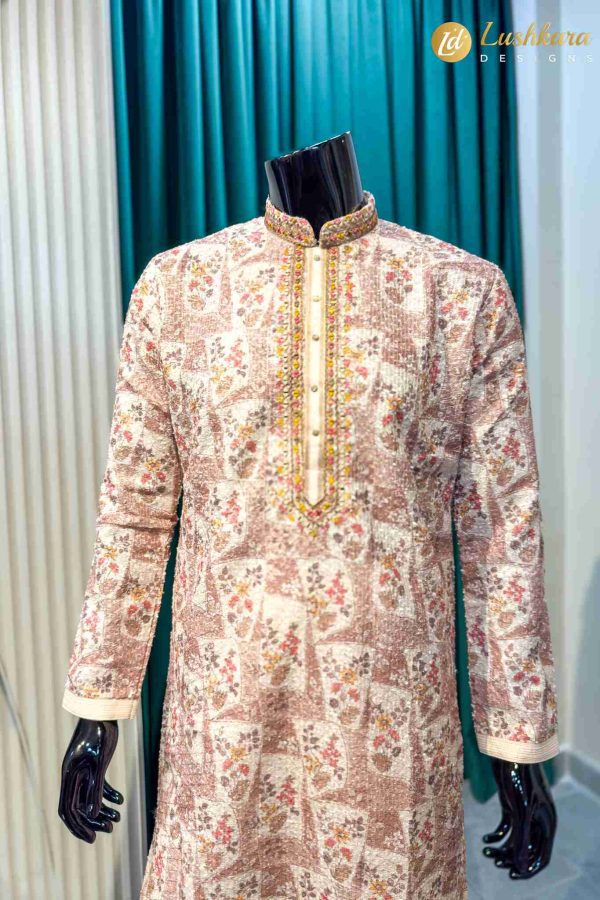 Lushkara Pastel Pink Printed Men’s Kurta Set with Embroidered Neck