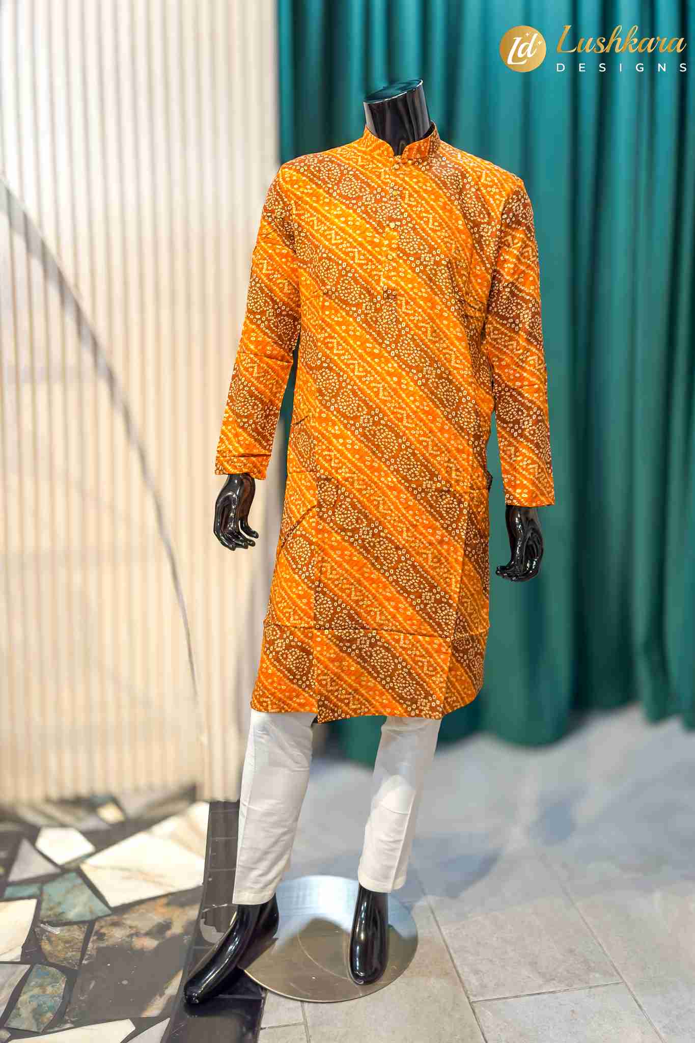 Lushkara Orange Printed Mens Kurta Set with White Pajama