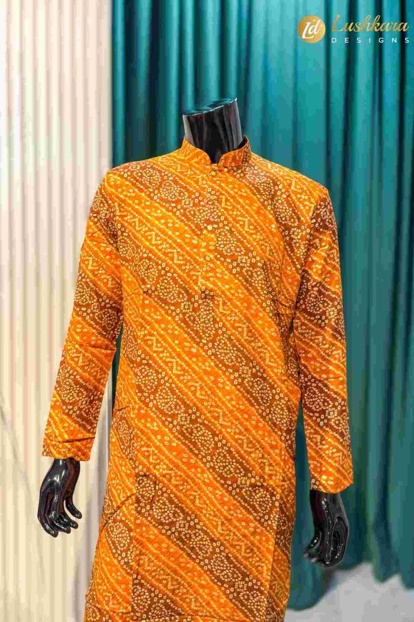 Lushkara Orange Printed Mens Kurta Set with White Pajama