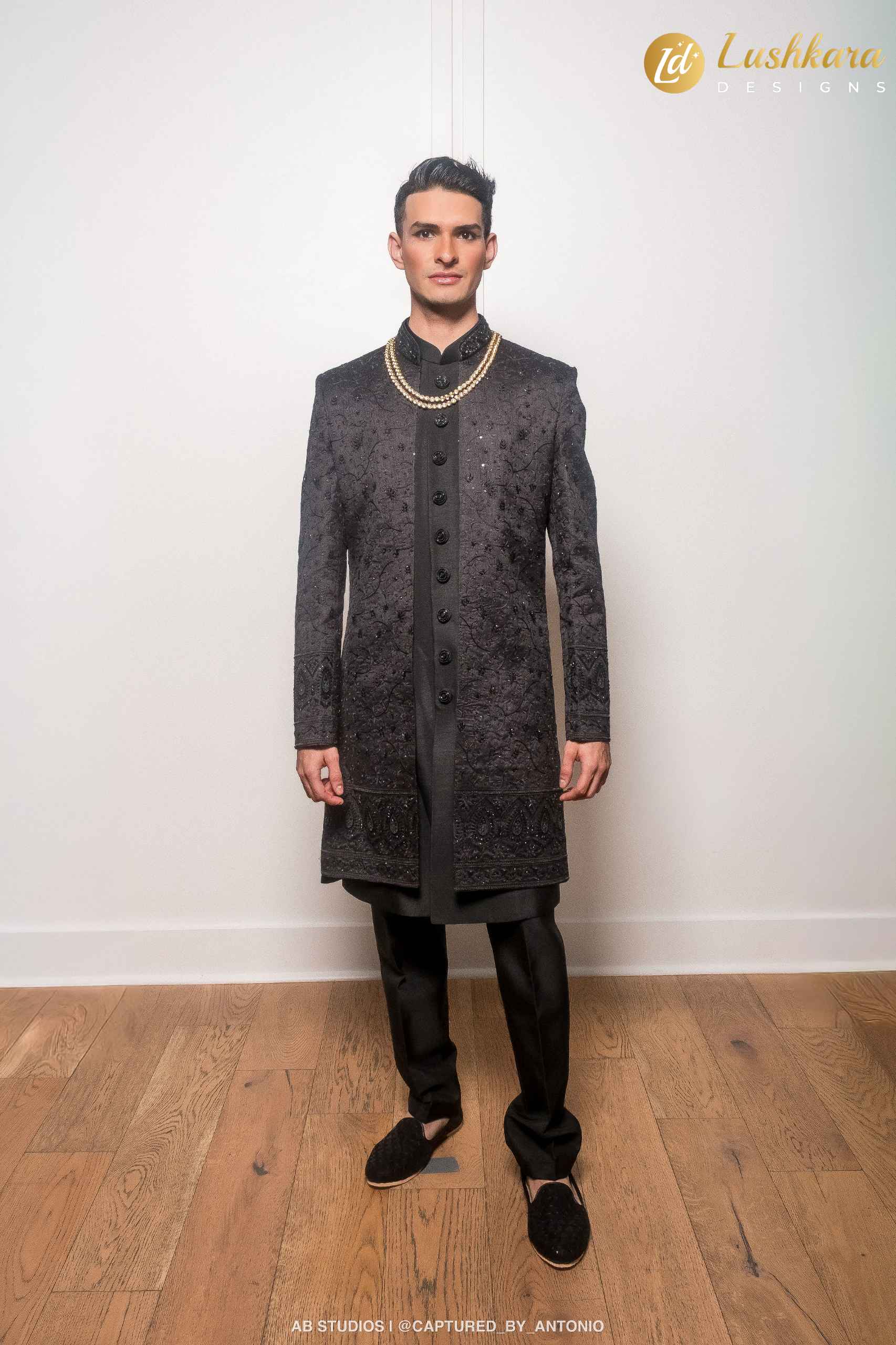 Lushkara Black Sherwani with Tonal Embroidery and Sequins for Men