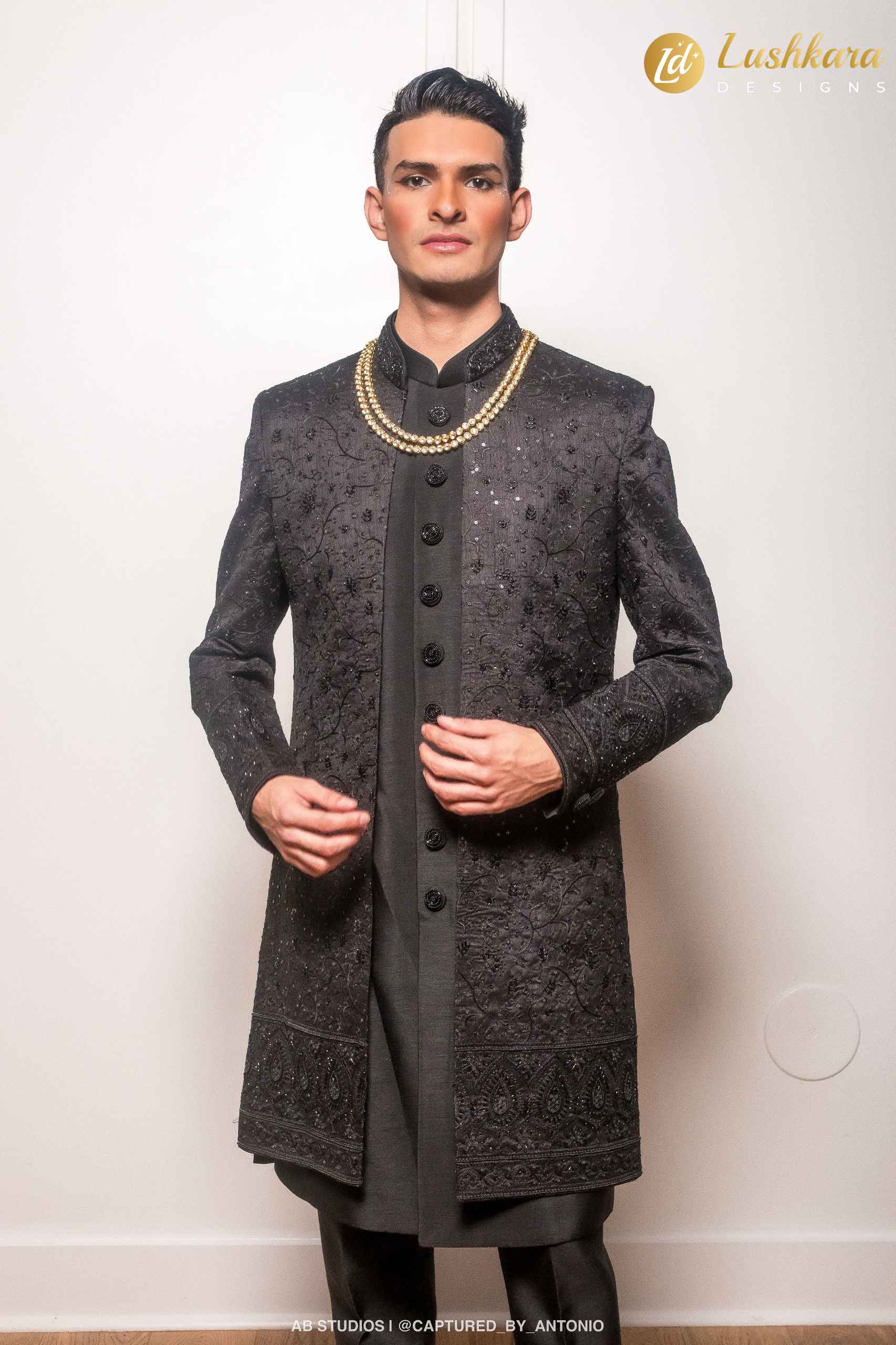 Lushkara Black Sherwani with Tonal Embroidery and Sequins for Men