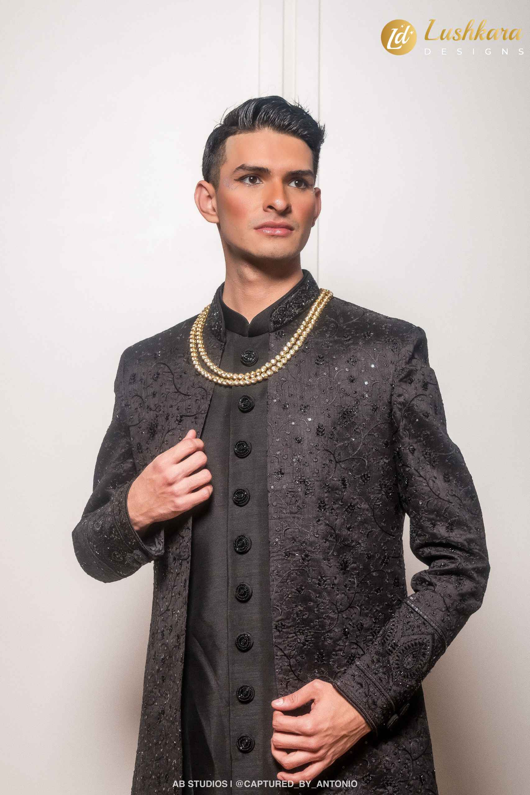 Lushkara Black Sherwani with Tonal Embroidery and Sequins for Men