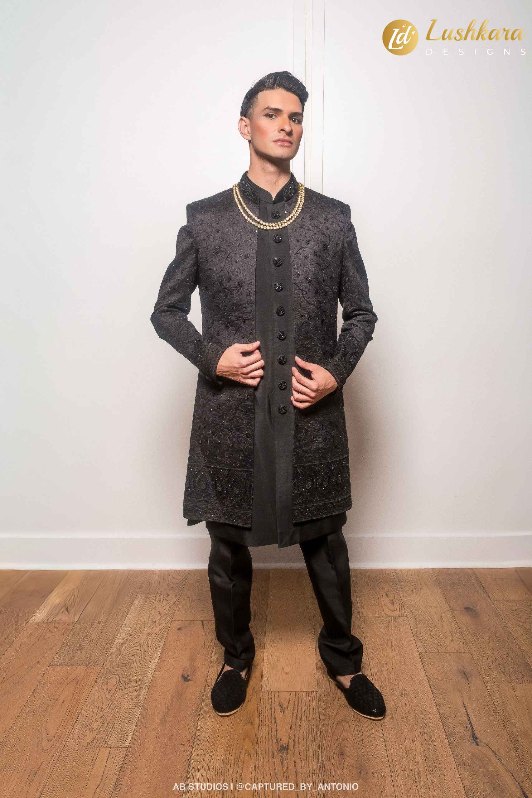 Lushkara Black Sherwani with Tonal Embroidery and Sequins for Men