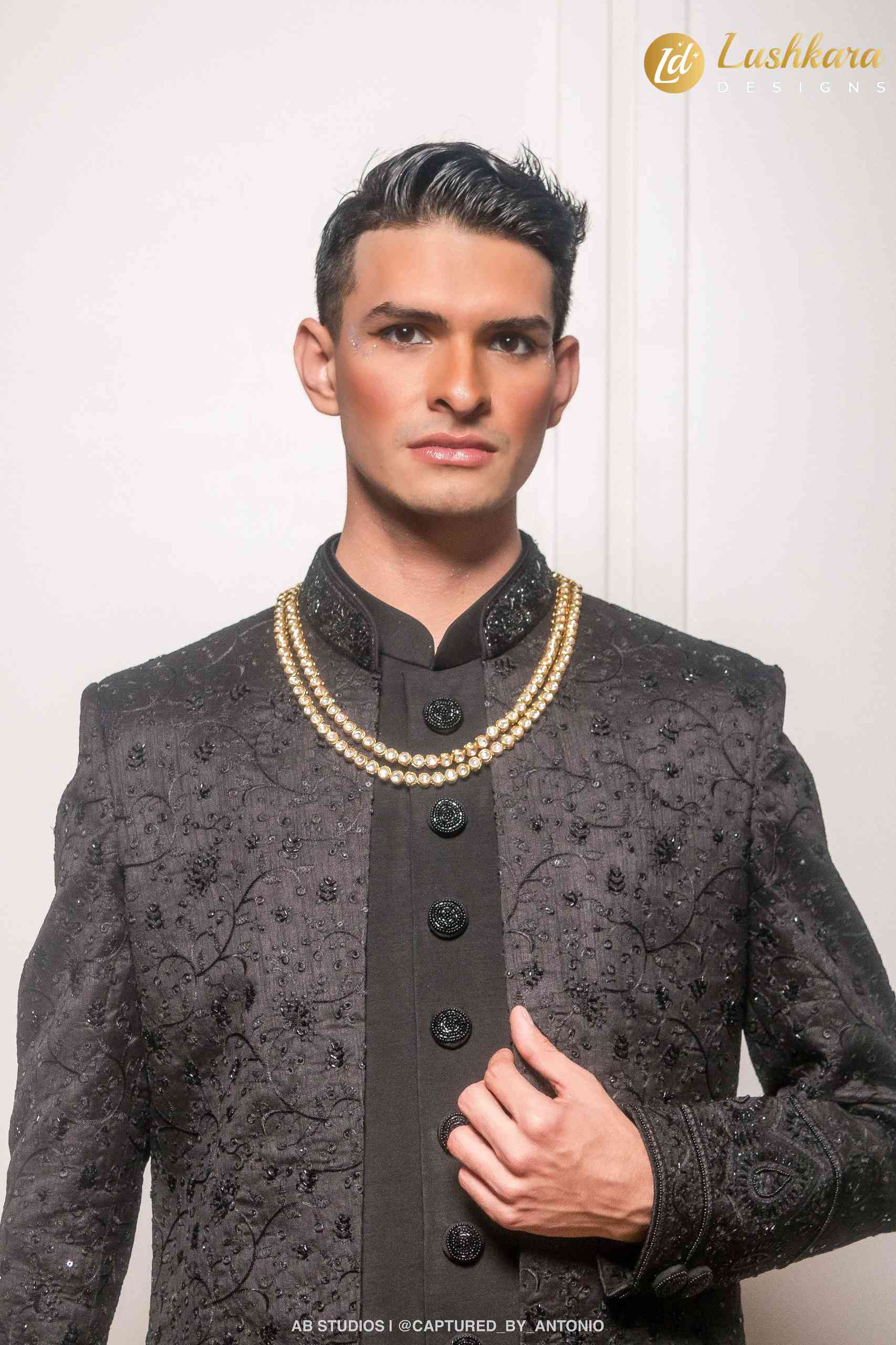 Lushkara Black Sherwani with Tonal Embroidery and Sequins for Men
