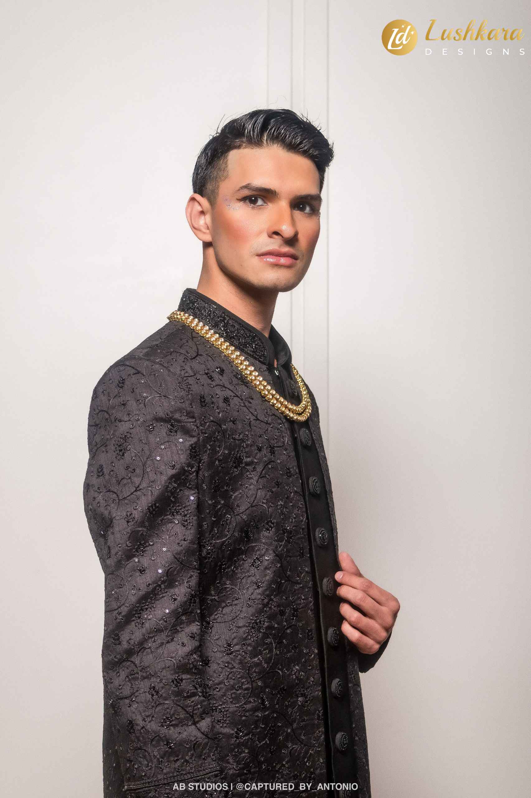 Lushkara Black Sherwani with Tonal Embroidery and Sequins for Men