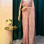 Lushkara Mauve Embroidered Net Saree with Contrast Blouse