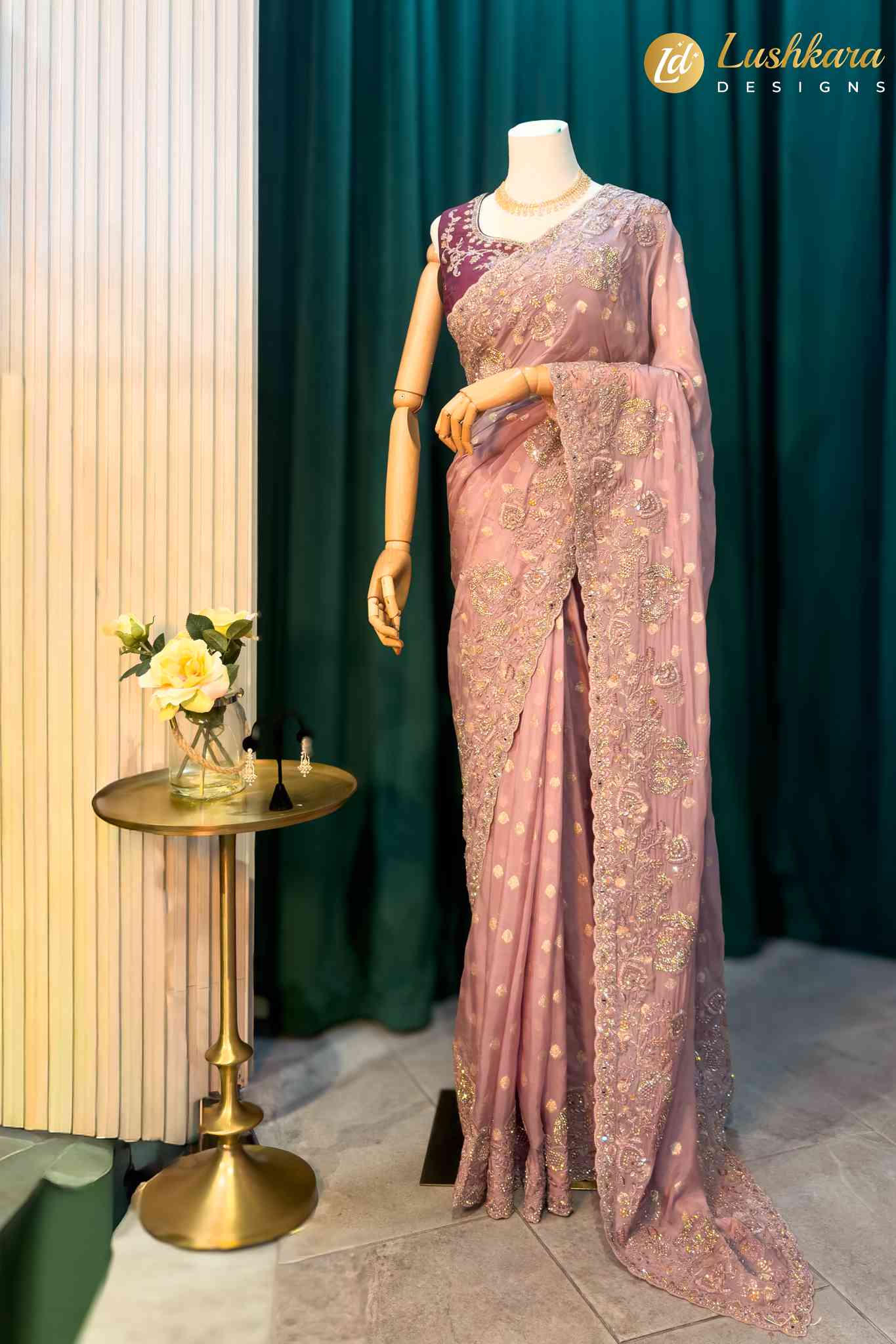 Lushkara Mauve Embroidered Net Saree with Contrast Blouse