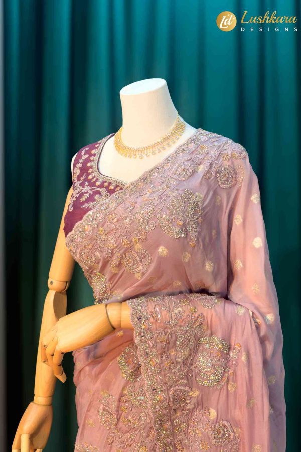 Lushkara Mauve Embroidered Net Saree with Contrast Blouse