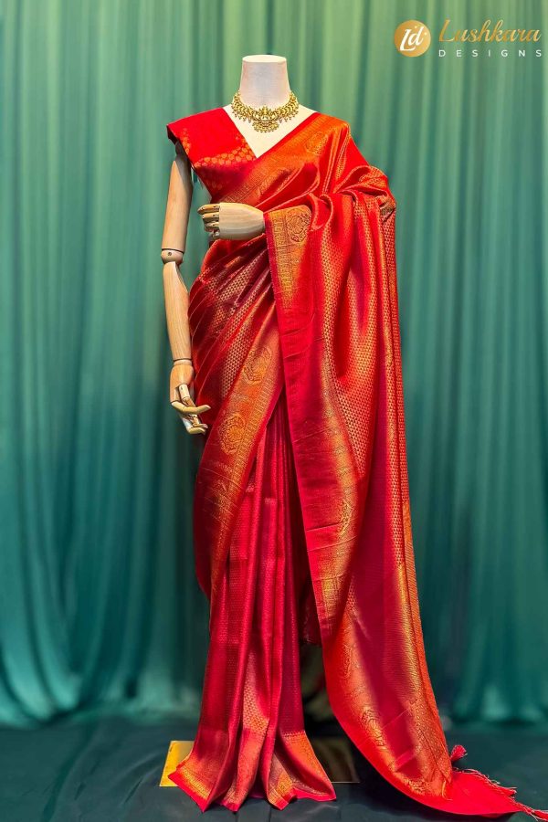 Lushkara Red Banarasi Silk Saree with Golden Zari Border