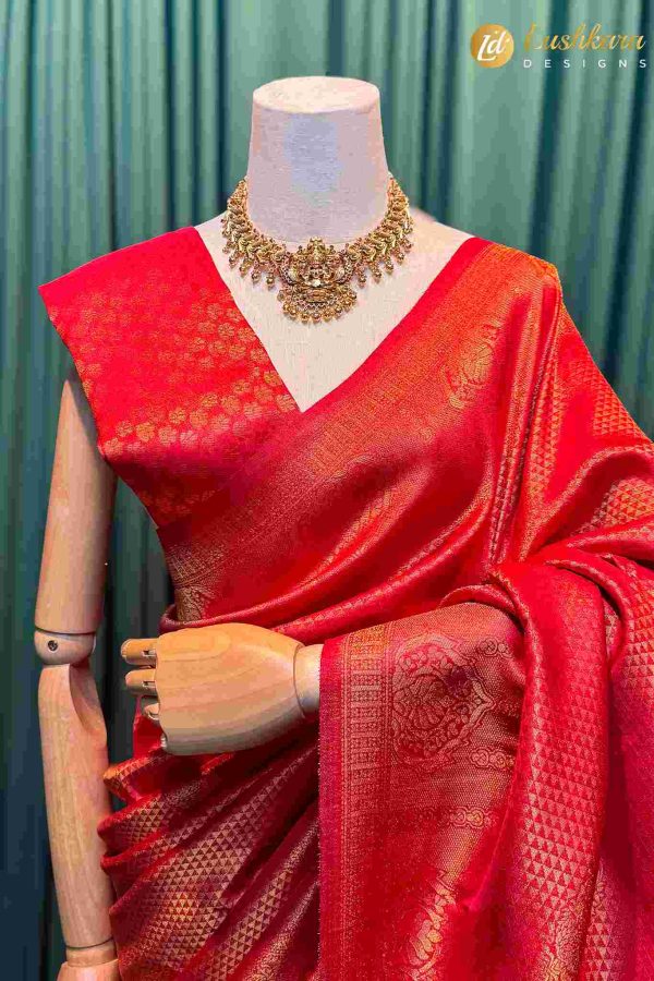 Lushkara Red Banarasi Silk Saree with Golden Zari Border