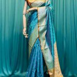 Lushkara Teal Banarasi Silk Saree with Golden Border