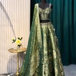 Lushkara Olive Green Embroidered Lehenga Set with Net Dupatta