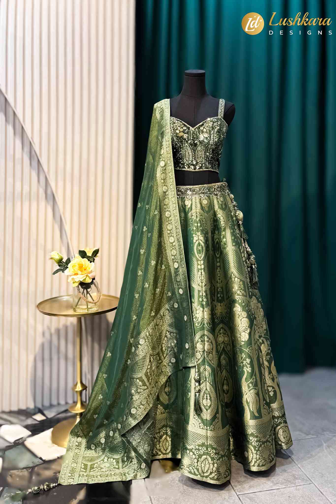 Lushkara Olive Green Embroidered Lehenga Set with Net Dupatta
