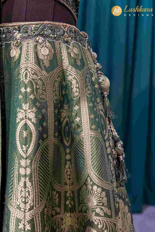 Lushkara Olive Green Embroidered Lehenga Set with Net Dupatta