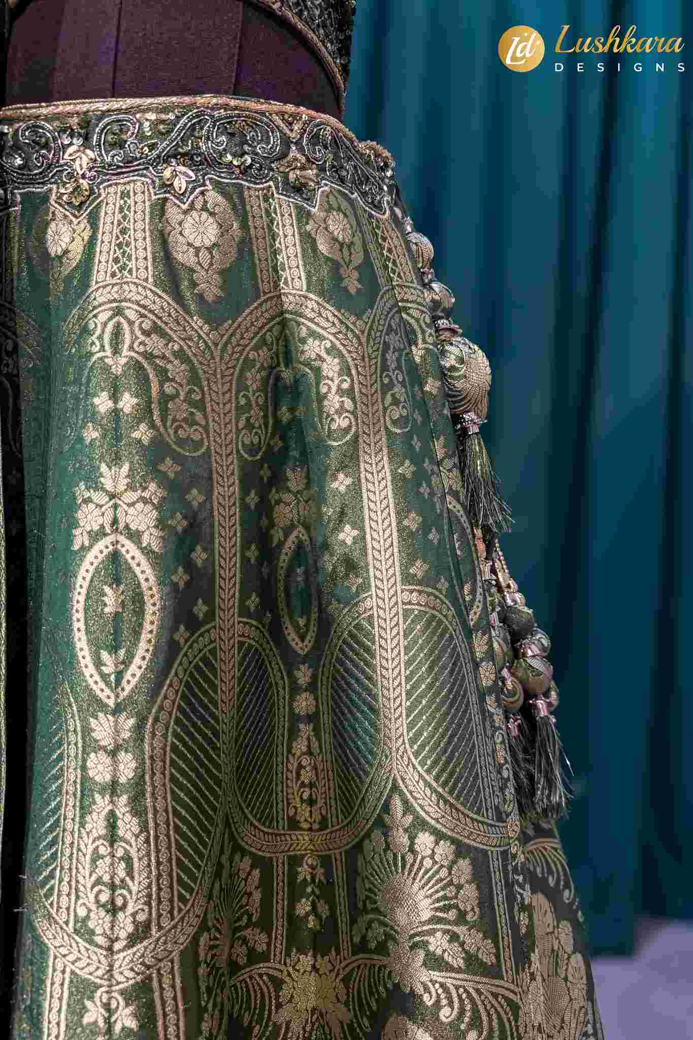 Lushkara Olive Green Embroidered Lehenga Set with Net Dupatta