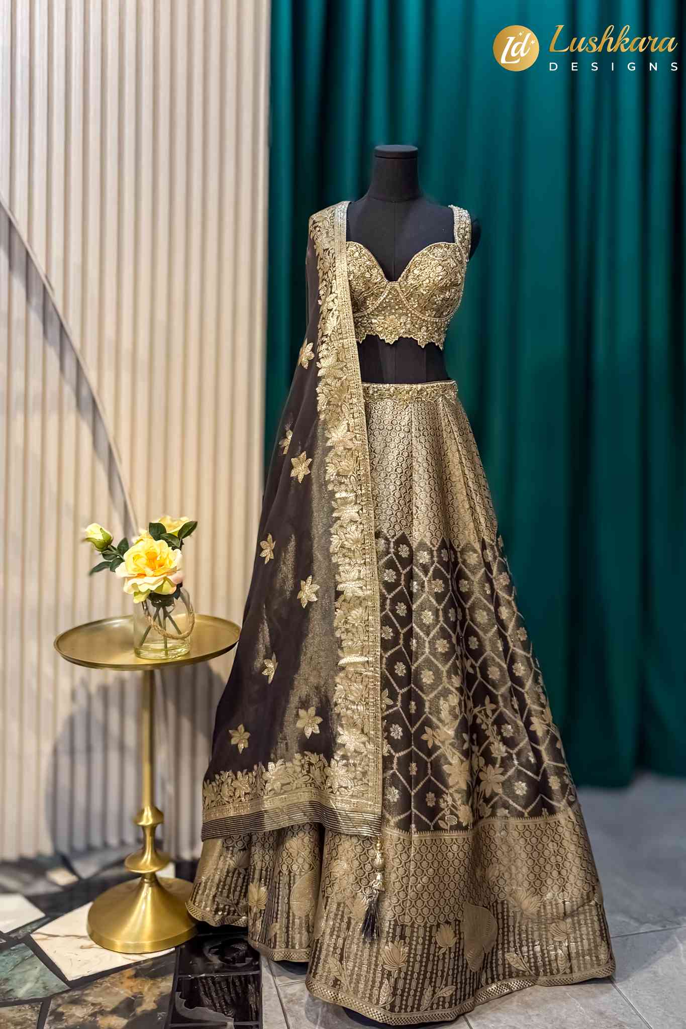Lushkara Grey and Gold Embroidered Lehenga Set with Dupatta