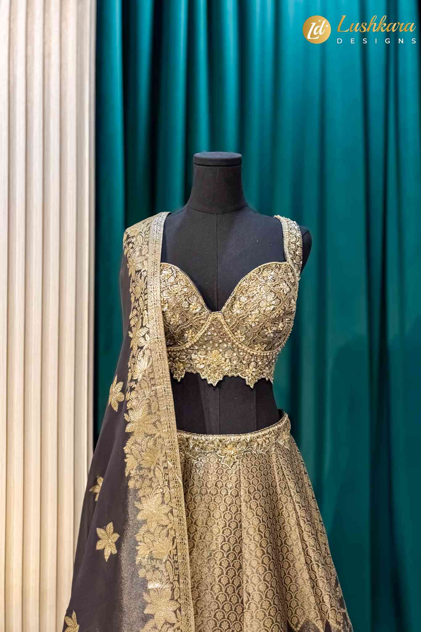 Lushkara Grey and Gold Embroidered Lehenga Set with Dupatta