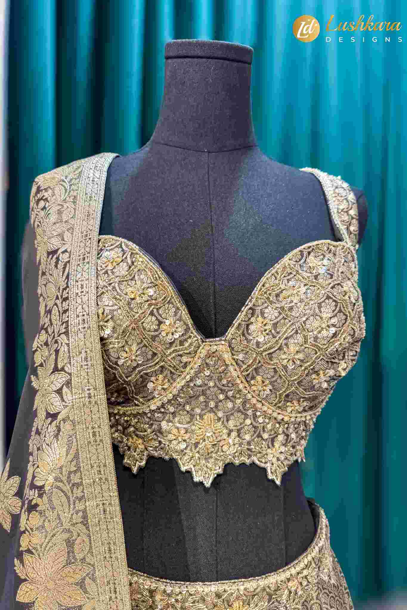 Lushkara Grey and Gold Embroidered Lehenga Set with Dupatta