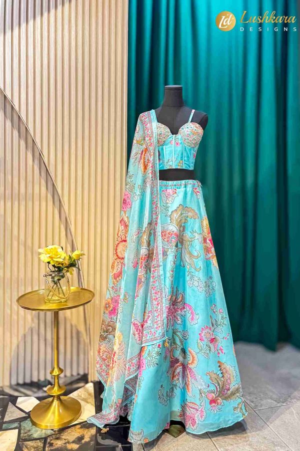 Lushkara Aqua Blue Floral Printed Lehenga Set with Dupatta