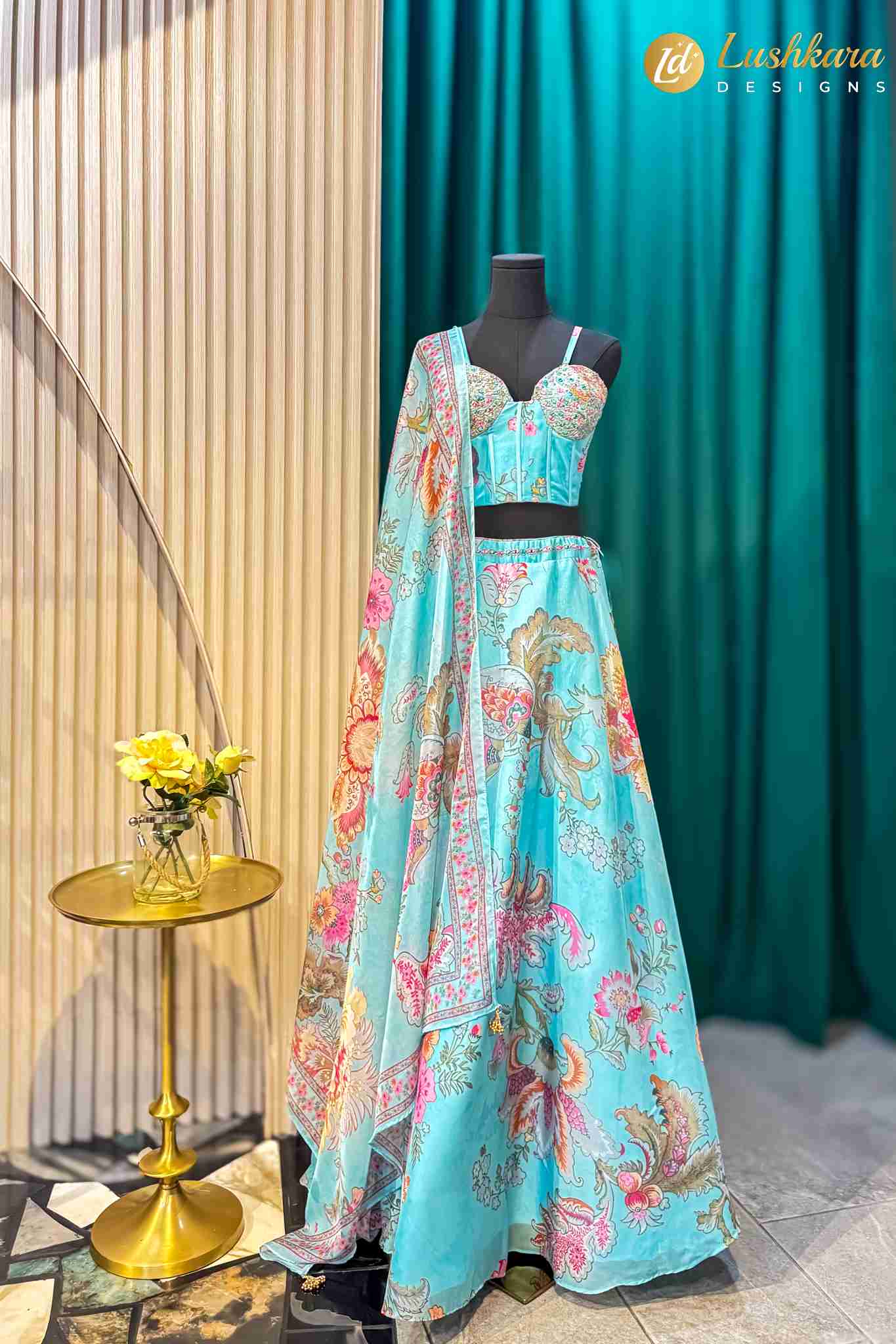 Lushkara Aqua Blue Floral Printed Lehenga Set with Dupatta