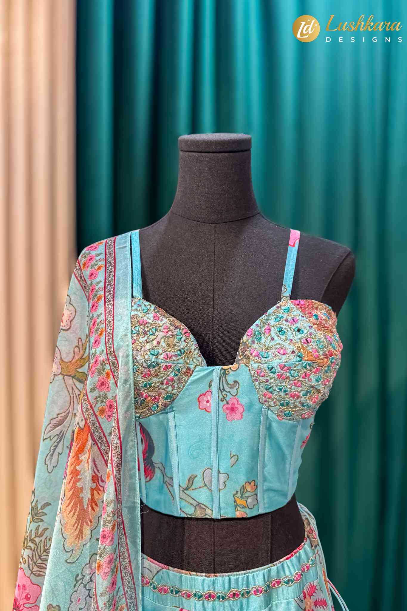 Lushkara Aqua Blue Floral Printed Lehenga Set with Dupatta