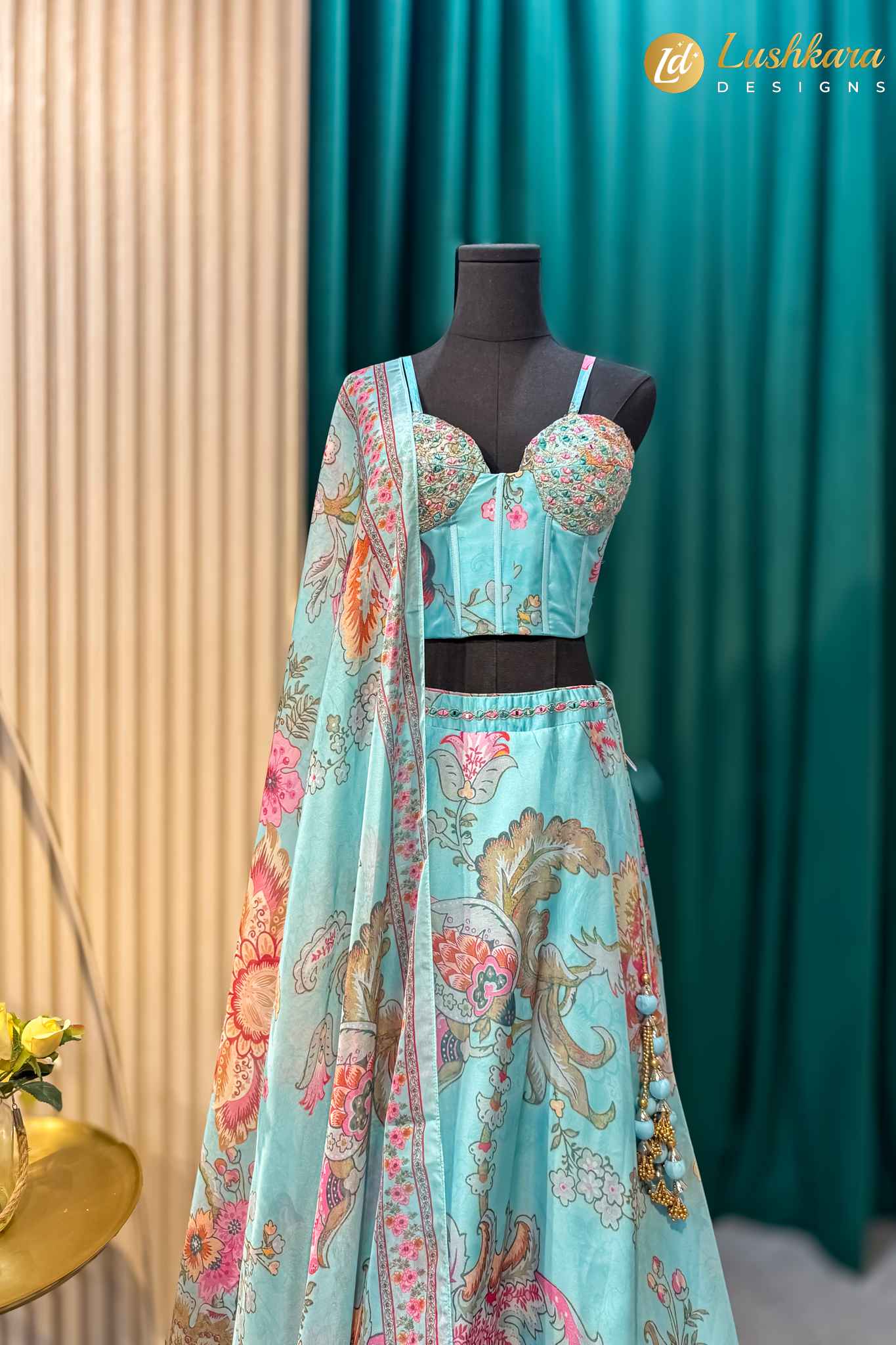 Lushkara Aqua Blue Floral Printed Lehenga Set with Dupatta