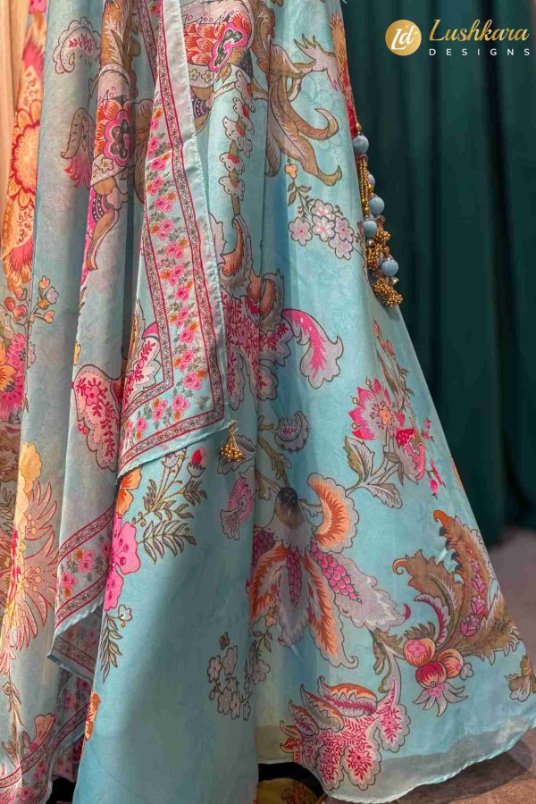Lushkara Aqua Blue Floral Printed Lehenga Set with Dupatta