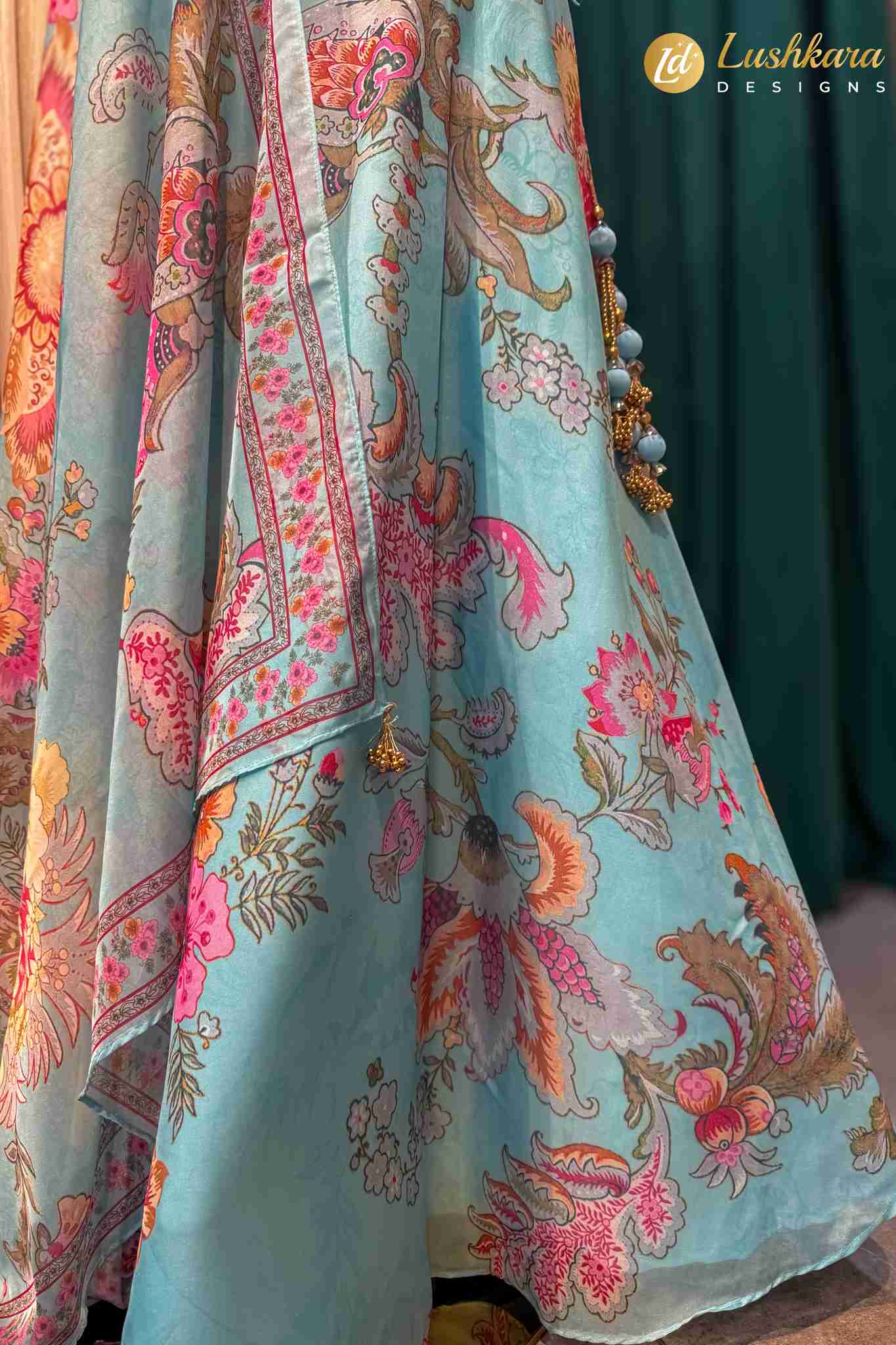 Lushkara Aqua Blue Floral Printed Lehenga Set with Dupatta