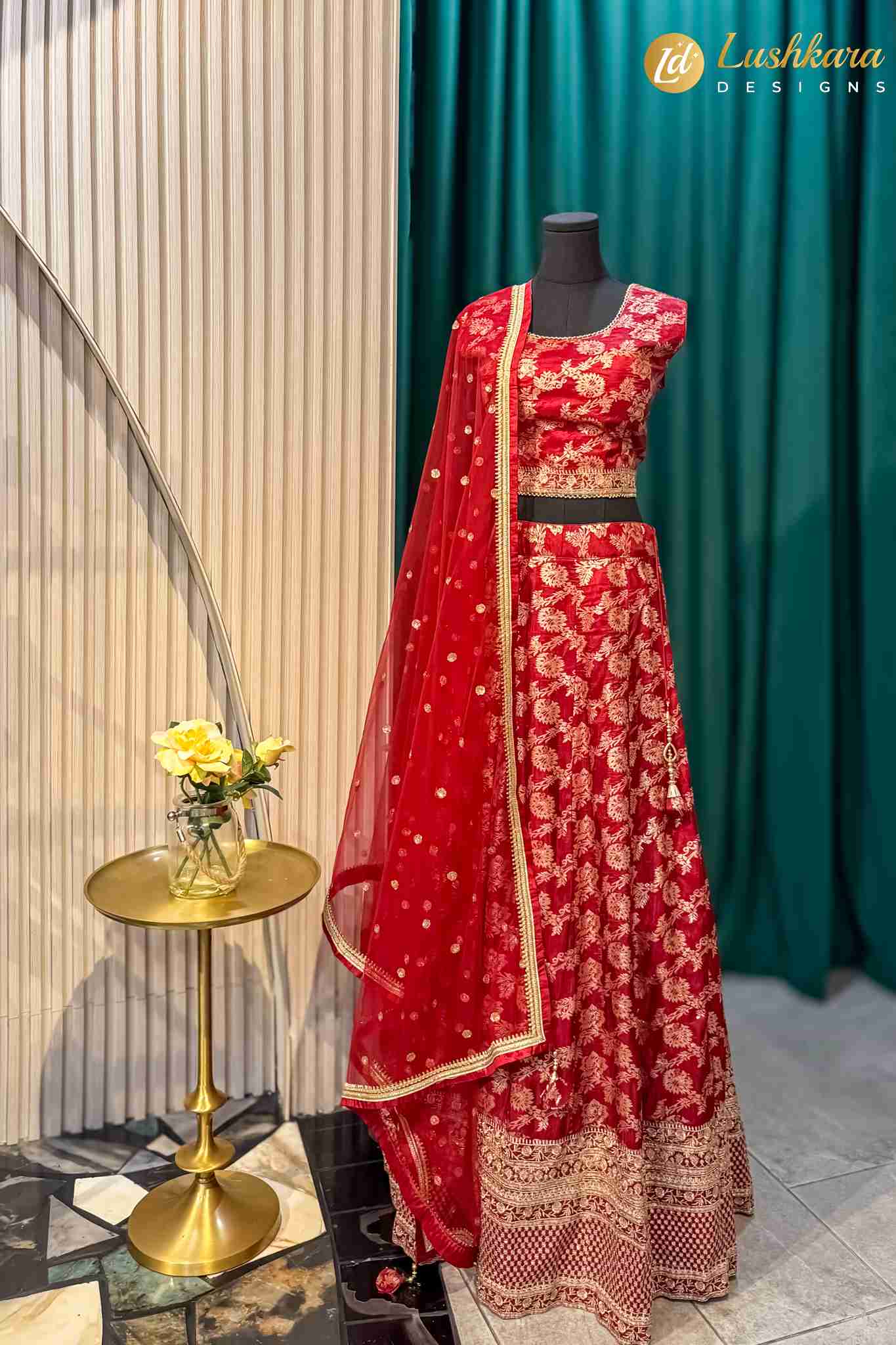 Lushkara Red Embroidered Lehenga Set with Net Dupatta