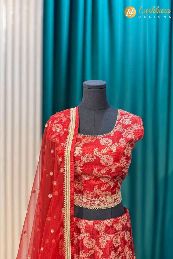 Lushkara Red Embroidered Lehenga Set with Net Dupatta
