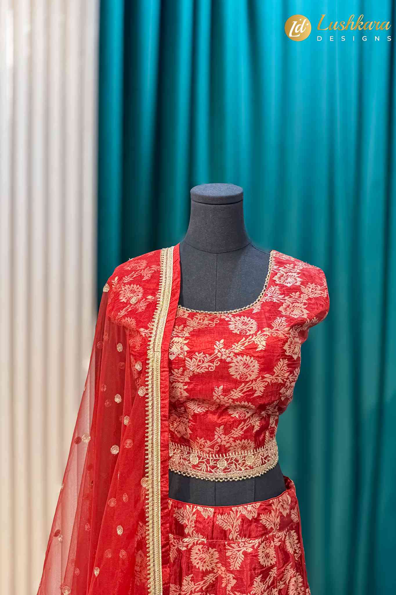 Lushkara Red Embroidered Lehenga Set with Net Dupatta