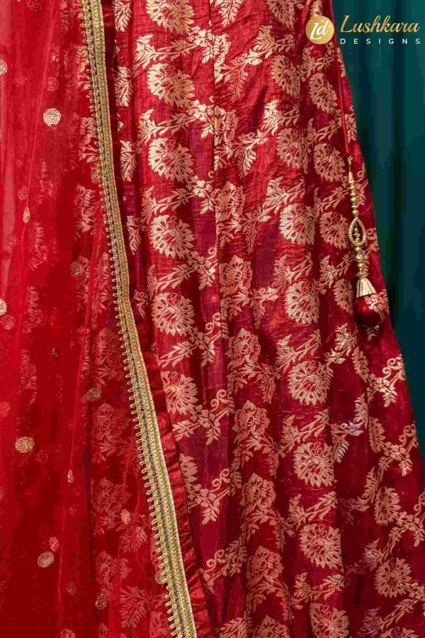 Lushkara Red Embroidered Lehenga Set with Net Dupatta