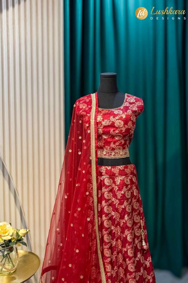 Lushkara Red Embroidered Lehenga Set with Net Dupatta