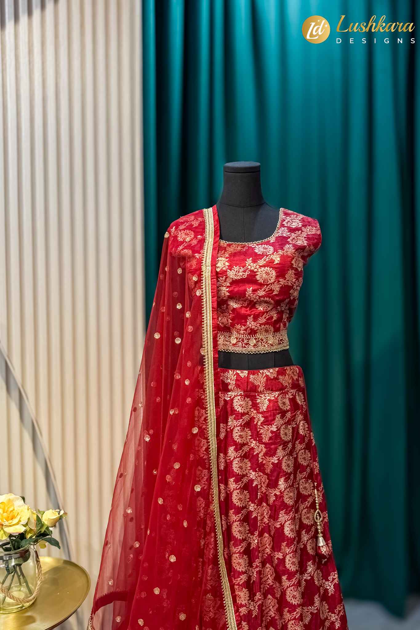 Lushkara Red Embroidered Lehenga Set with Net Dupatta
