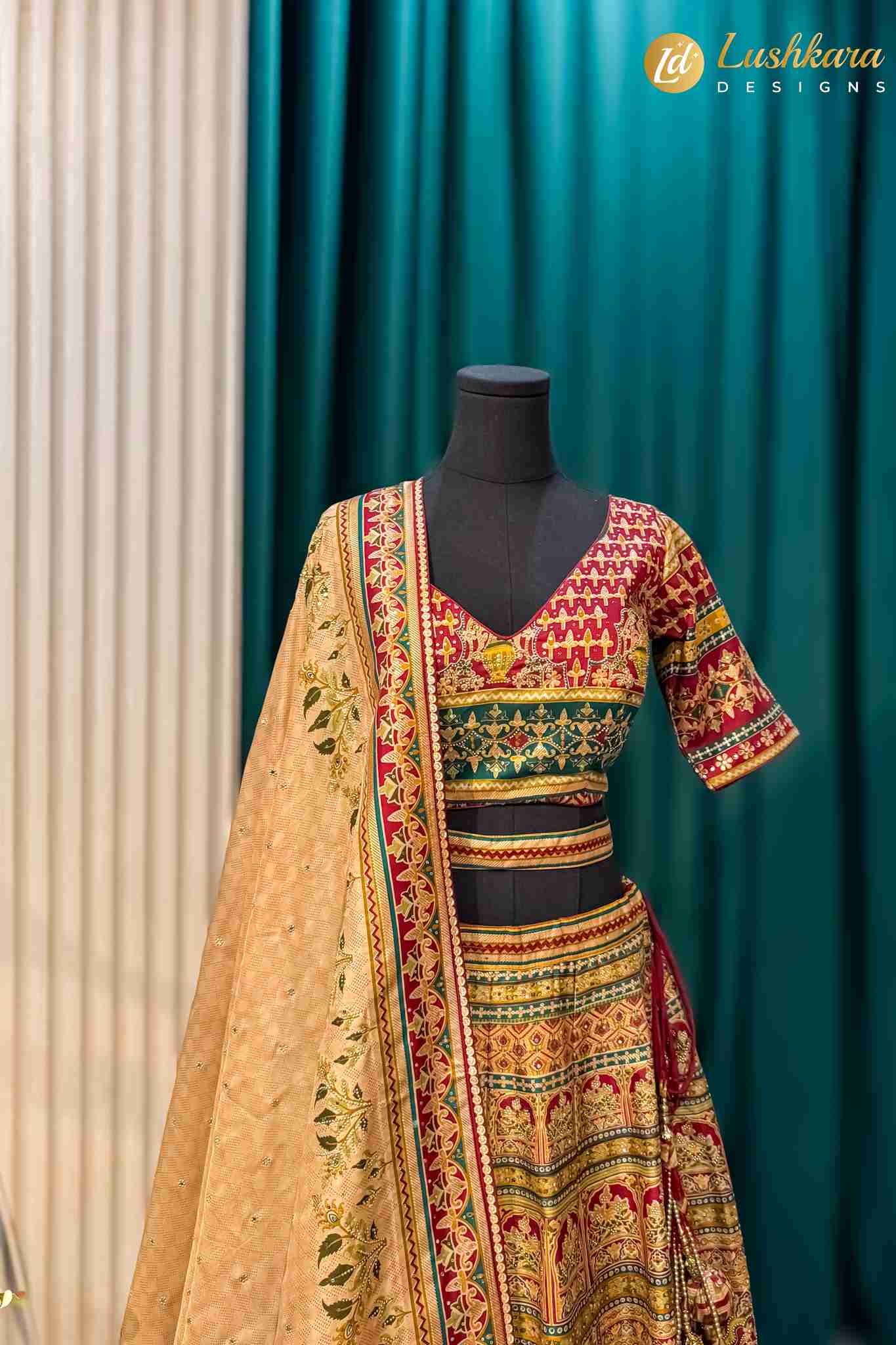 Lushkara Multicolor Embroidered Lehenga with Beige Dupatta - Image 3